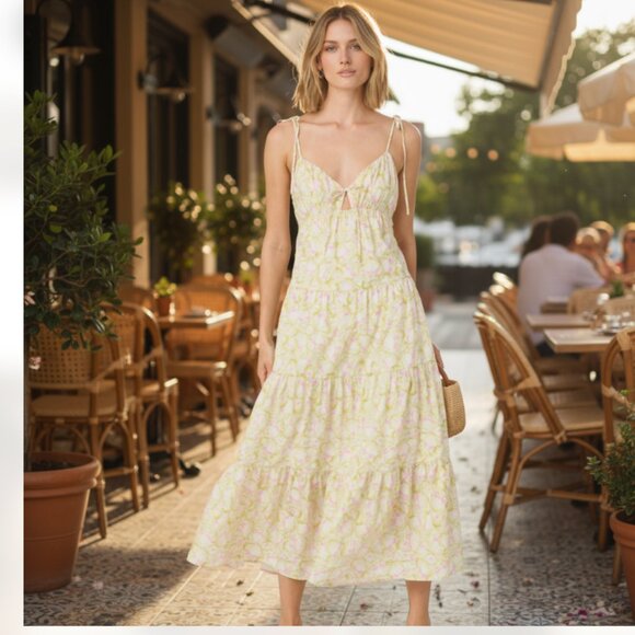 NWT ASTR the Label Tie Strap Tiered Maxi Dress Medium, YELLOW FLORAL - Picture 1 of 7